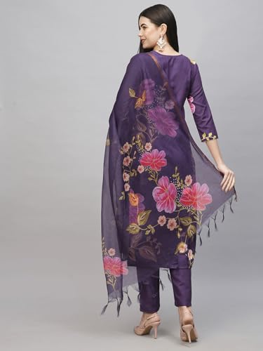 Anni Designer Women'S Cotton Blend Straight Printed Kurta With Pant & Dupatta (Kalai Violet_Xxl_Purple_Xx-Large),Purple,2XL,Cotton Blend,Classic,Kurta, Scarf
