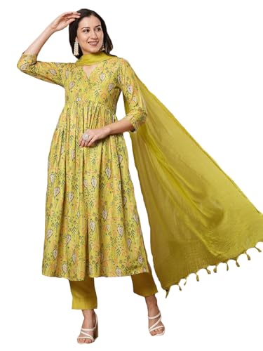 Anni Designer Women'S Rayon Viscose Printed Anarkali Kurta With Pant & Dupatta (Horizon Green-Vks01_Xxl_Green_Xx-Large),Green,2XL
