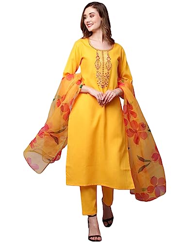 Anni Designer Women'S Cotton Blend Straight Embroidered Kurta With Pant & Dupatta (Gomti Yellow-Nw_Xl_Yellow_X-Large),Yellow,XL