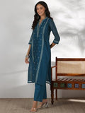 Libas Womens Woven Design Silk Blend Straight Kurta With Trousers And Dupatta Teal 4Xl