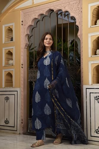 Anni Designer Women'S Rayon Blend Printed Straight Kurta With Pant & Dupatta (Mataya Blue_S_Blue_Small),Blue,S,Rayon Blend,Regular,