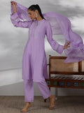 Libas Womens Yoke Design Silk Blend Straight Kurta With Trousers And Dupatta Lavender 2Xl