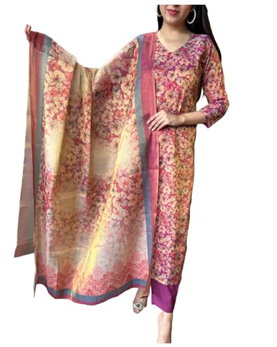Gosriki Women'S Rayon Blend Straight Printed Kurta With Pant & Dupatta (Omsing Pink-Gs_M_Pink_Medium),Pink,,B0DBM2FVT3