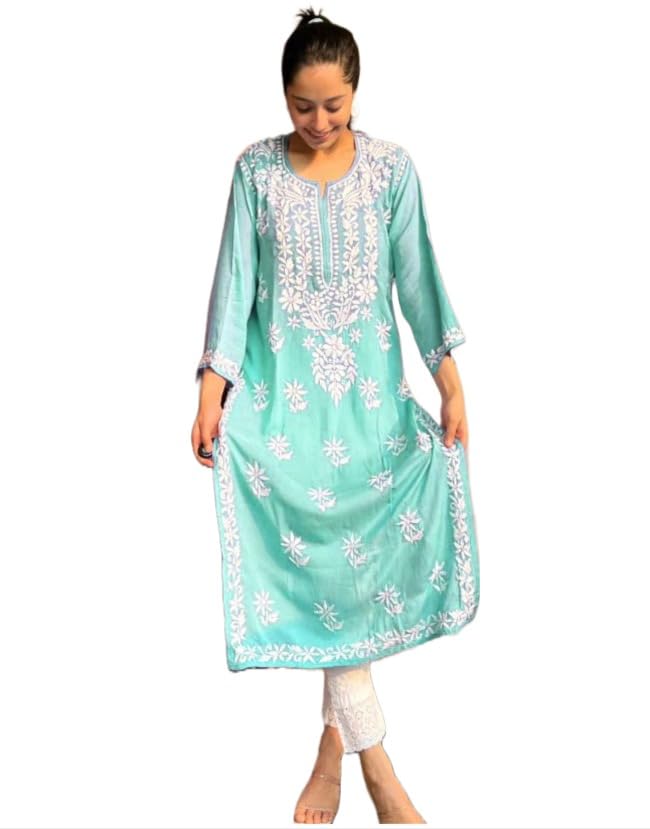 Anni Designer Women'S Cotton Blend Chikankari Embroidered Straight Kurta (Marich See Green_S_See Green_Small),See Green,S