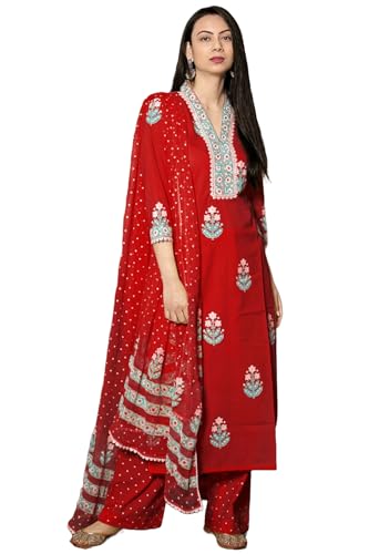 Anni Designer Women'S Rayon Viscose Printed Straight Kurta With Pant & Dupatta (Belagavi Red-Vks01_4Xl_Red_Xxxx-Large),Red,4XL