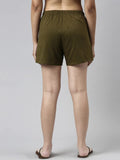Enamor Essentials Mid Rise Relaxed Fit Mid Thigh Length Cotton Slub Jersey Shorts for Womens with 2 Pockets-E062 (E062_Army Green_L),Army Green