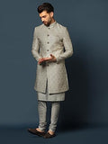 Kisah Men'S Grey Indo-Western Kurta Sherwani Churidar Set Cotton Full Sleaves, Knee Length, Straight, Regular Fit, Mandarin Collar Ethnic Casual Grey 38