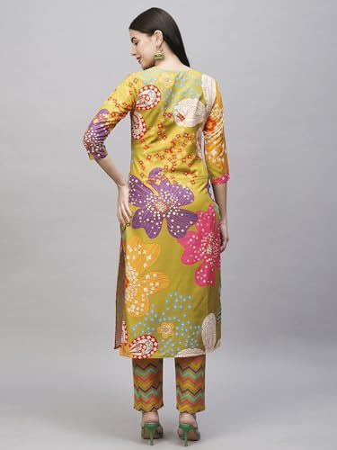 Anni Designer Women'S Cotton Blend Straight Fit Printed Kurta With Pant (Wahida Yellow_M_Yellow_Medium),Yellow,M,Cotton Blend,Straight,