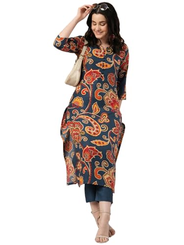 Gosriki Women'S Cotton Blend Straight Printed Kurta With Pant (Tinka Kerosin-Nw-Gs_M_Dark Blue_Medium),Dark Blue,,B0CTXFP498