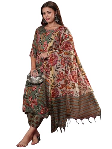 Gosriki Women'S Rayon Blend Printed Straight Kurta With Pant & Dupatta (Fta Green-Vks07-Gs_Xxl_Green_Xx-Large),Green,2,B0DM1S478N