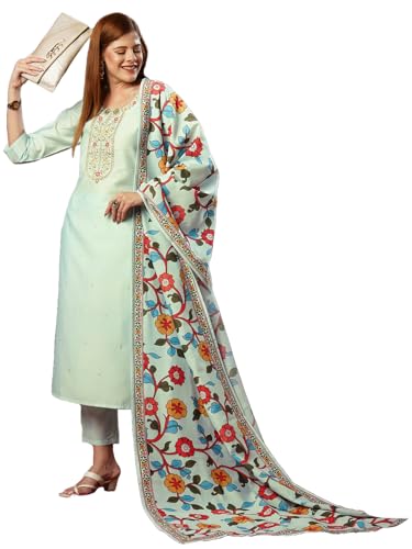 Anni Designer Women'S Cotton Blend Embroidered Straight Kurta With Pant & Dupatta (Charvi Grey_M_Grey_Medium),Grey,M