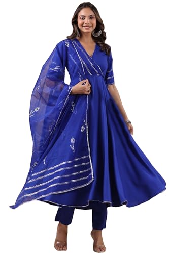 Gosriki Women'S Rayon Blend Anarkali Solid Kurta With Pant & Dupatta (Nirmooha Royal Blue-Vks01-Gs_S_Blue_Small),Blue,,B0DG2Y8RX1