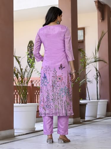 Anni Designer Women'S Cotton Blend Printed Straight Kurta With Pant & Dupatta (Rml Purple_S_Purple_Small),Purple,S,Cotton Blend,Regular,