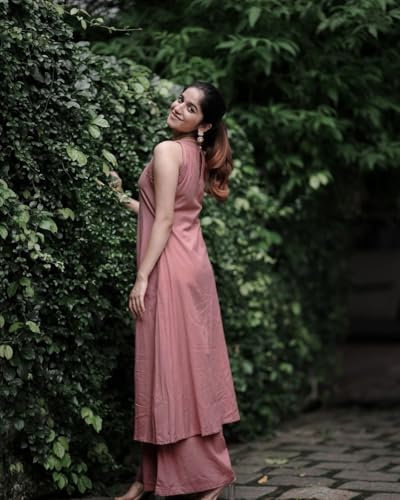 Anni Designer Women'S Rayon Blend Anarkali Solid Kurta With Palazzo (Maniraj Pink_L_Pink_Large),Pink,L,Rayon Blend,Anarkali,