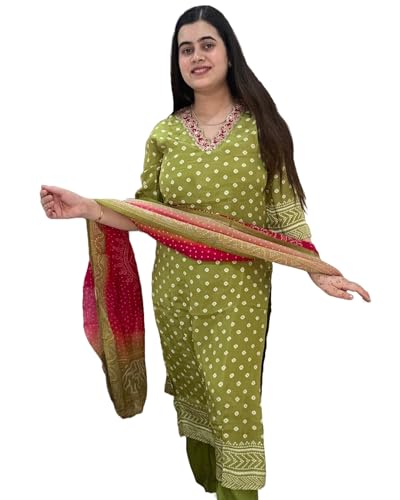 Anni Designer Women'S Rayon Viscose Printed Straight Kurta With Pant & Dupatta (Subhi Mehandi_Xxl_Mehandi_Xx-Large),Mehandi,2XL