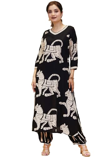 Anni Designer Women'S Cotton Blend Straight Printed Kurta With Pant (Lanka-Black-Nk_M_Black_Medium),Black,M
