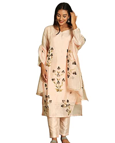 Anni Designer Women'S Cotton Blend Straight Printed Kurta With Pant & Dupatta (Bursh-Peach-Nw_M_Peach_Medium),Peach,M