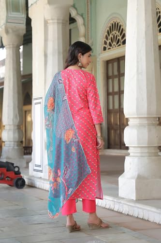 Anni Designer Women'S Cotton Blend Straight Printed Kurta With Pant & Dupatta (Foolkiran Pink_Xl_Pink_X-Large),Pink,XL,Cotton Blend,Regular,