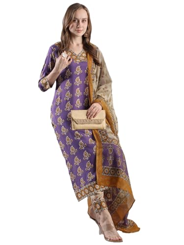 Gosriki Women'S Rayon Blend Straight Printed Kurta With Pant & Dupatta (Uchiha Purple-Vks02-Gs_L_Purple_Large),Purple,,B0DJWGXHLW