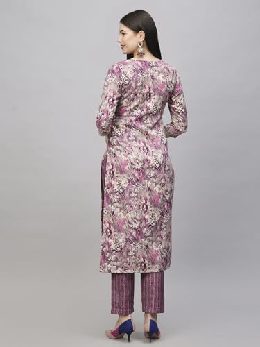 Anni Designer Women'S Cotton Blend Straight Fit Printed Kurta With Pant (Seep Purple_3Xl_Purple_Xxx-Large),Purple,3XL,Rayon Blend,Straight,