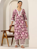 Libas Womens Printed Silk Blend Straight Kurta With Trousers Mauve L