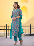 Anni Designer Women'S Rayon Blend Printed Straight Kurta With Pant & Dupatta (Shaniya Green-Njw_S_Green_Small),Green,S,Rayon Blend,Regular,