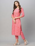 Anni Designer Women'S Cotton Blend Straight Printed Kurta With Pant Set (Edf-Pink_Xl_Pink_X-Large),Pink,XL,Cotton Blend,Regular,