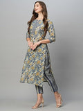 Anni Designer Women'S Cotton Blend Straight Printed Kurta With Pant Set (Prachi Blue_Xxl_Blue_Xx-Large),Blue,2XL,Cotton Blend,Regular,