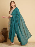 Anni Designer Women'S Cotton Blend Straight Printed Kurta With Pant & Dupatta (Kamkoj Teal_L_Blue_Large),Teal Blue,L,Cotton Blend,Regular,