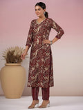 Anni Designer Women'S Rayon Blend Straight Printed Kurta With Pant (Kivala Wine_Xxl_Wine_Xx-Large),Wine,2XL,Rayon Blend,Regular,Kurta