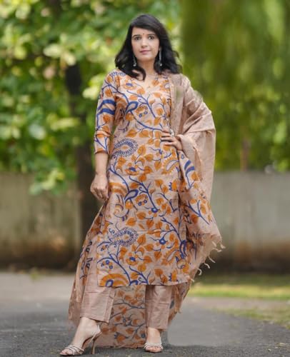 Anni Designer Women'S Cotton Blend Printed Straight Kurta With Pant & Dupatta (Kalam Chiku-Jl_4Xl_Beige_Xxxx-Large),Beige,4XL,Cotton Blend,Regular,