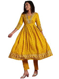 Gosriki Women'S Rayon Viscose Anarkali Printed Kurta With Pant (Dawara Yellow-Vks01-Gs_L_Yellow_Large),Yellow,,B0F38FPCX8