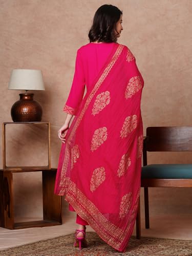 Anni Designer Women'S Rayon Blend Solid Anarkali Kurta With Pant & Dupatta (Magic-Pink-Nb_L_Pink_Large),Pink,L,Rayon Blend,Anarkali,Kurta, Scarf