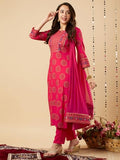 Anni Designer Women'S Cotton Blend Straight Printed Kurta With Pant & Dupatta (Nov-Pink-Nsw_3Xl_Pink_Xxx-Large),Pink,3XL,Cotton Blend,Regular,