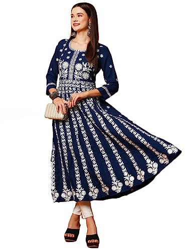 Anni Designer Women'S Rayon Blend Chikankari Embroidered Anarkali Kurta (Vavajodo-Blue-Tnw_Xl_Blue_X-Large),Blue,XL