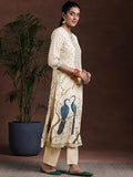 Libas Womens Printed Crepe Straight Kurta With Trousers And Dupatta Off White M