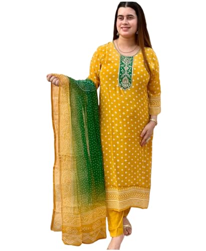 Anni Designer Women'S Rayon Blend Printed Straight Kurta With Pant & Dupatta (Subhi Yellow_S_Yellow_Small),Yellow,S