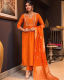 Gosriki Women'S Silk Blend Straight Embroidered Kurta With Pant & Dupatta (Manushi Orange-Vks02-Gs_M_Orange_Medium),Orange,,B0F8Q9T4L6