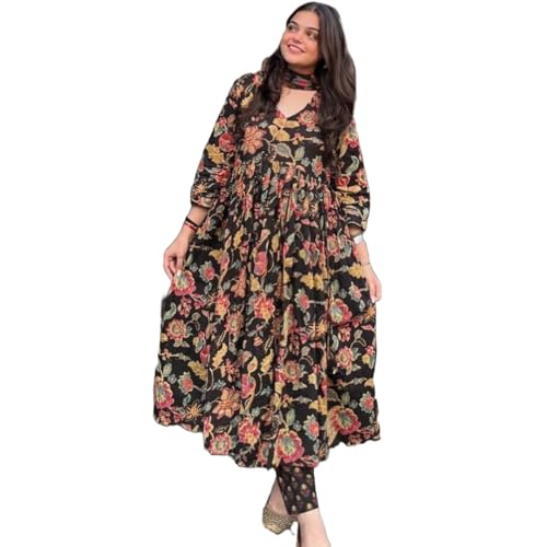 Gosriki Women'S Rayon Blend Printed Anarkali Kurta With Pant & Dupatta (Belono Black-Gs_Xxl_Black_Xx-Large),Black,2,B0DPZC8DNG