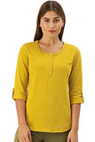 Enamor Essentials Women's Slim Fit Henley Neck 3/4th Sleeves Cotton Tee with Snap Button Placket Front & Sleeve Tab - E129(E129-Mustard Yellow W/Energy-L),Mustardylw W/Energy