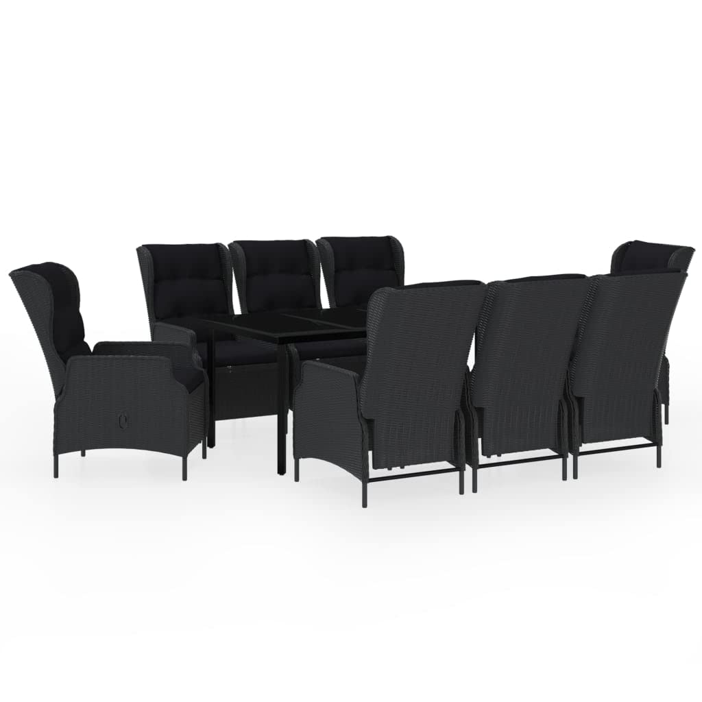 Vidaxl 9 Piece Dark Gray Patio Dining Set With Reclining Chairs And Glass Tabletop - Outdoor Furniture For Garden And Patio