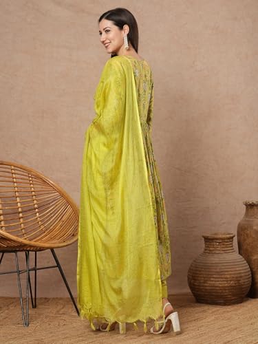 Anni Designer Women'S Rayon Viscose Printed Anarkali Kurta With Pant & Dupatta (Horizon Green-Vks01_L_Green_Large),Green,L,Rayon,Anarkali,