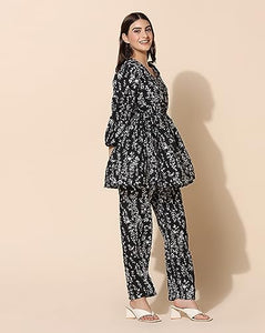 Toplot Co Ord Kurta Set For Women Printed Kurta With Pant (Tunic-Pant-5140-Flower-S) Charcoal,Charcoal,,B0CHB2J6JY