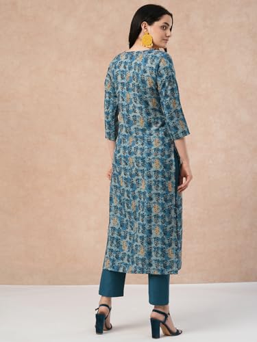 Anni Designer Women'S Cotton Blend Straight Printed Kurta With Pant (Mamaji Blue_L_Blue_Large),Blue,L,Cotton Blend,Straight,Kurta, Scarf