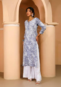 Anni Designer Women'S Cotton Blend Chikankari Embroidered Straight Kurta (Zainab Grey_S_Grey_Small),Grey,S,Cotton Blend,Regular,