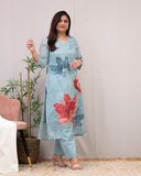 Anni Designer Women'S Rayon Blend Straight Printed Kurta With Pant (Susan Sky_L_Sky Blue_Large),Sky Blue,L,Rayon Blend,Regular,