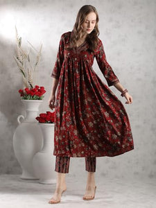 Gosriki Women'S Rayon Blend Anarkali Printed Kurta With Pant (Gunba Maroon-Gs_Xxl_Maroon_Xx-Large),Maroon,2,B0DJWH61LM