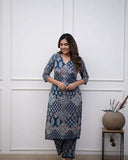 Anni Designer Women'S Rayon Viscose Straight Printed Kurta With Pant (Kadai Blue_L_Blue_Large),Blue,L,Rayon,Regular,