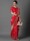 Leriya Fashion Womens Present Banarasi Soft Lichi Silk Saree | Jacquard Rich Pallu Design | Golden Saree For Women | Cotton Silk Saree For Women (Red)