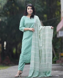 Anni Designer Women'S Cotton Blend Printed Straight Kurta With Pant & Dupatta (Pragya See Green_L_See Green_Large),Yellow,L,Cotton Blend,Regular,Kurta,Pants,Dupatta